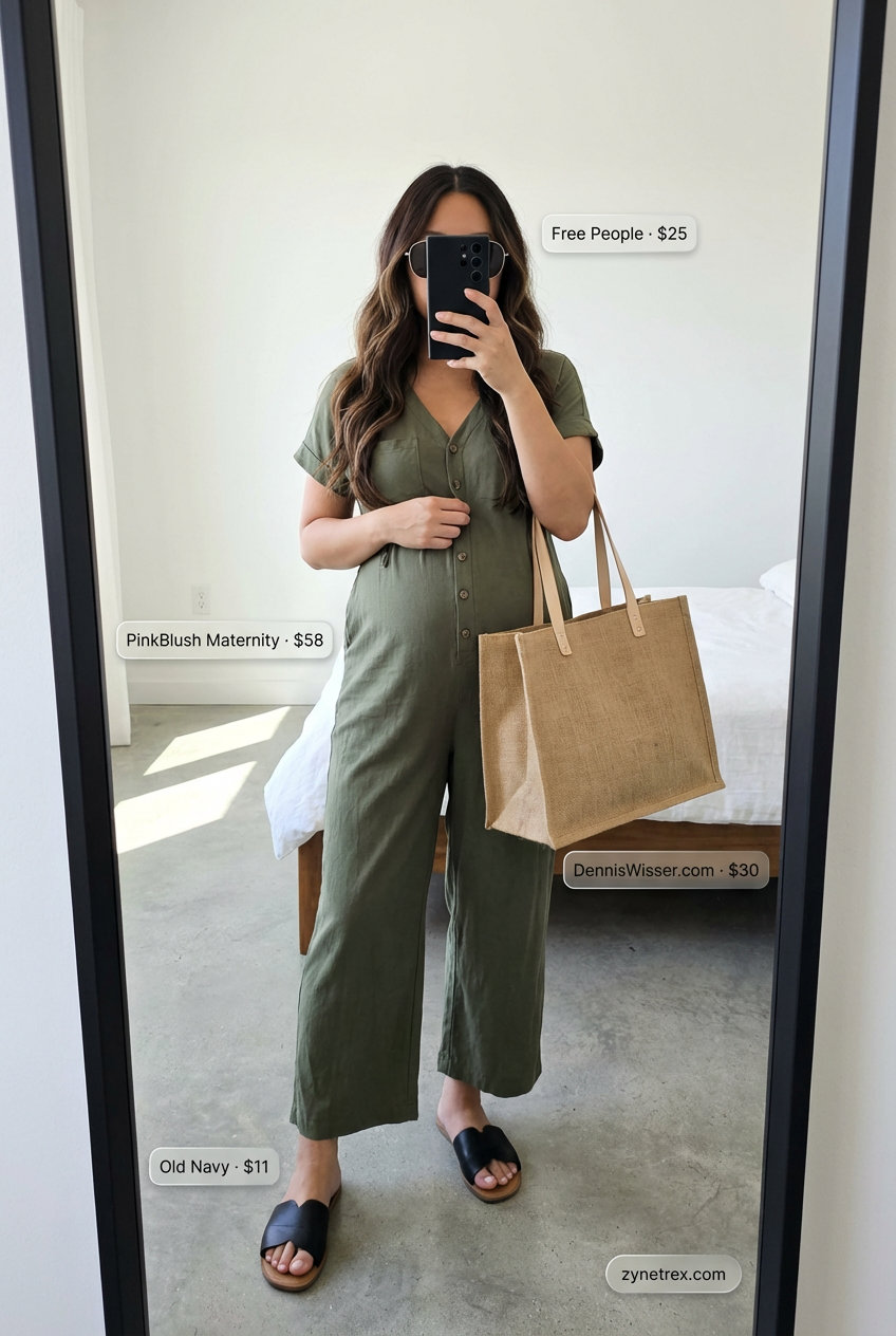 Modern Maternity Jumpsuit: Casual Summer Outfits 2026 An effortless olive green maternity utility jumpsuit with black slide sandals and a woven tote, ideal for casual maternity summer outfits 2026.