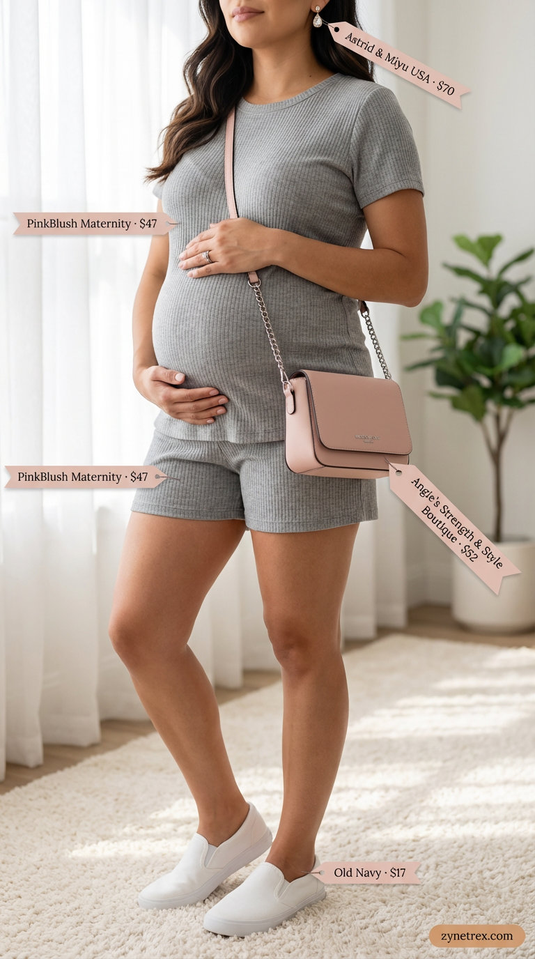 Cool & Comfy Co-ord: Casual Maternity Summer Outfits 2026 A soft gray ribbed knit maternity short-sleeve top and wide-leg shorts set, white canvas slip-on sneakers, silver stud earrings, and a blush pink crossbody bag for casual maternity summer outfits in 2026.