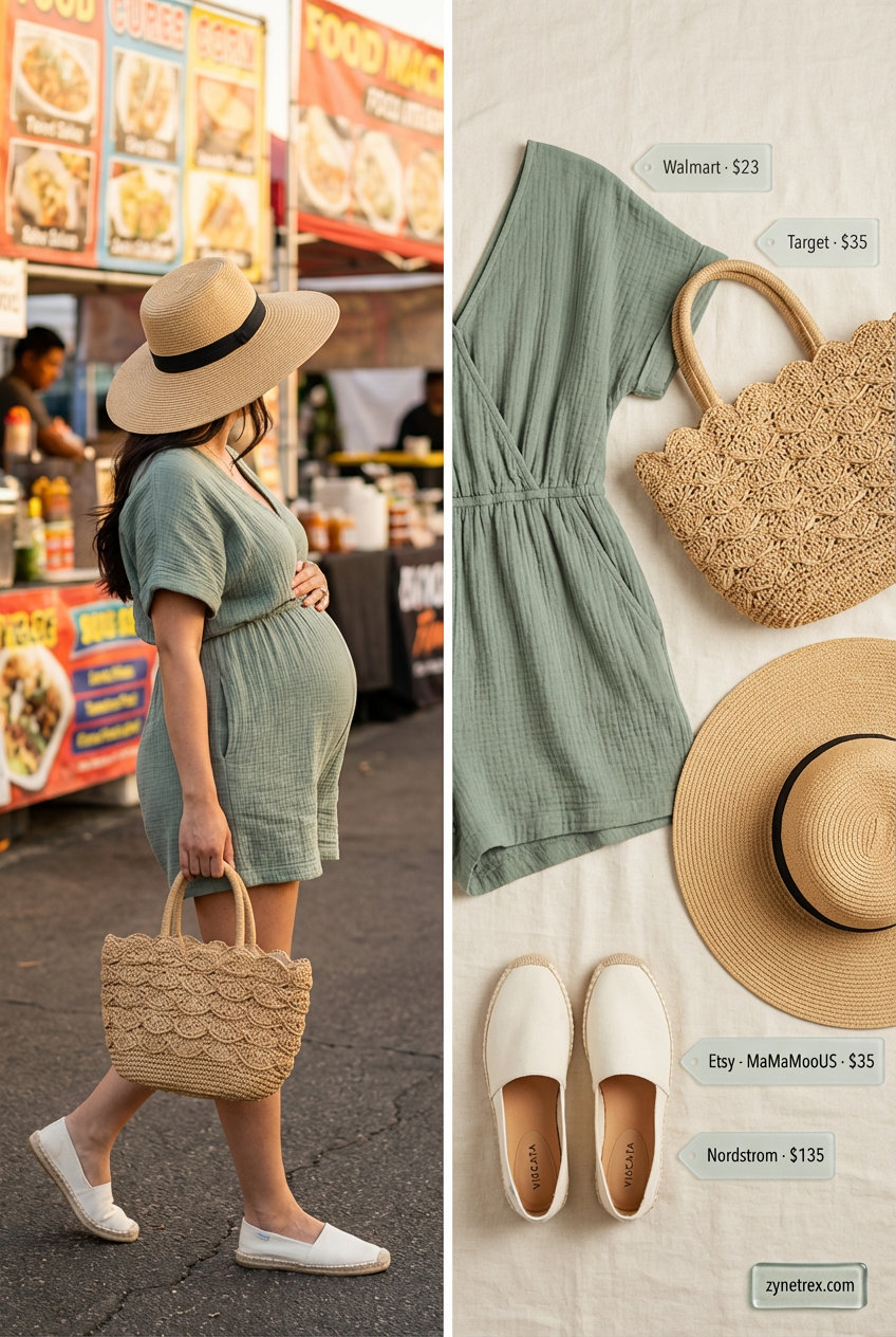 Cool & Comfy Romper: Casual Maternity Summer Outfits 2026 A playful sage green maternity short-sleeve romper with an elasticated waist, styled with a straw hat and white espadrilles for casual maternity summer outfits 2026.