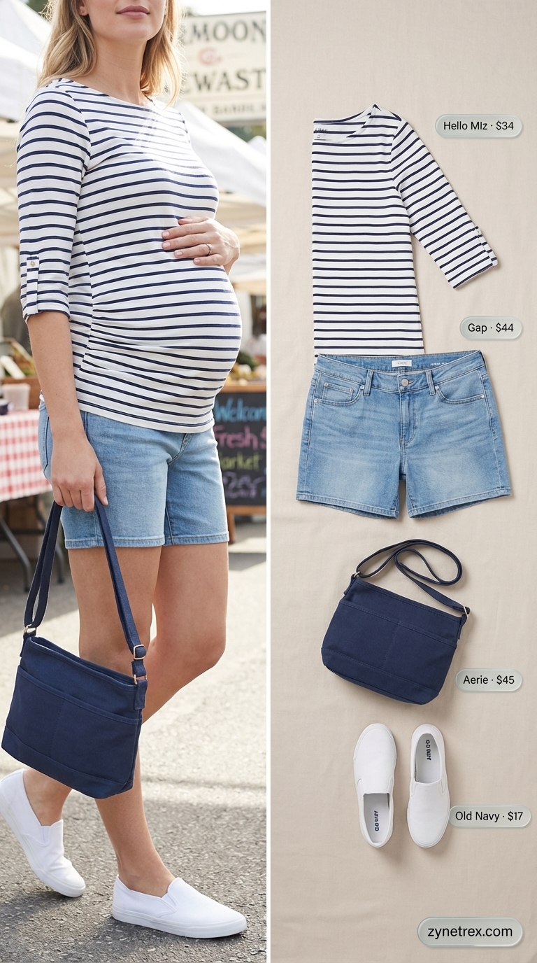 Denim Shorts & Stripes: Casual Maternity Summer Outfits 2026 Light wash maternity denim shorts with a navy and white striped boatneck top, white slip-on sneakers, and a navy canvas crossbody bag for casual maternity summer outfits in 2026.