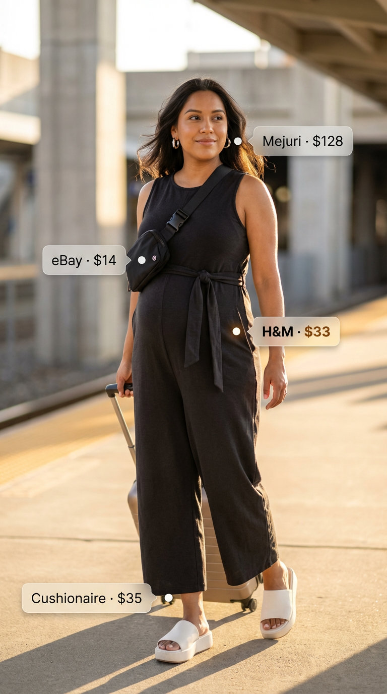 Effortless Jumpsuit Style: Casual Maternity Summer Outfits 2026 A comfortable black maternity wide-leg jumpsuit with a tie waist, white platform slides, a black belt bag, and silver hoop earrings for casual maternity summer outfits in 2026.