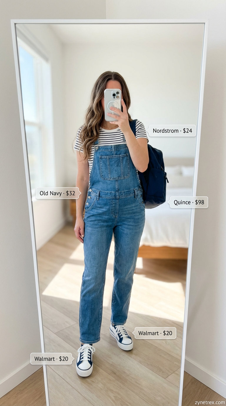 Polished Overalls Style: Casual Maternity Summer Outfits 2026 Polished medium wash maternity denim overalls, a navy and white striped t-shirt, white platform sneakers, and a navy backpack, ideal for casual maternity summer outfits in 2026.