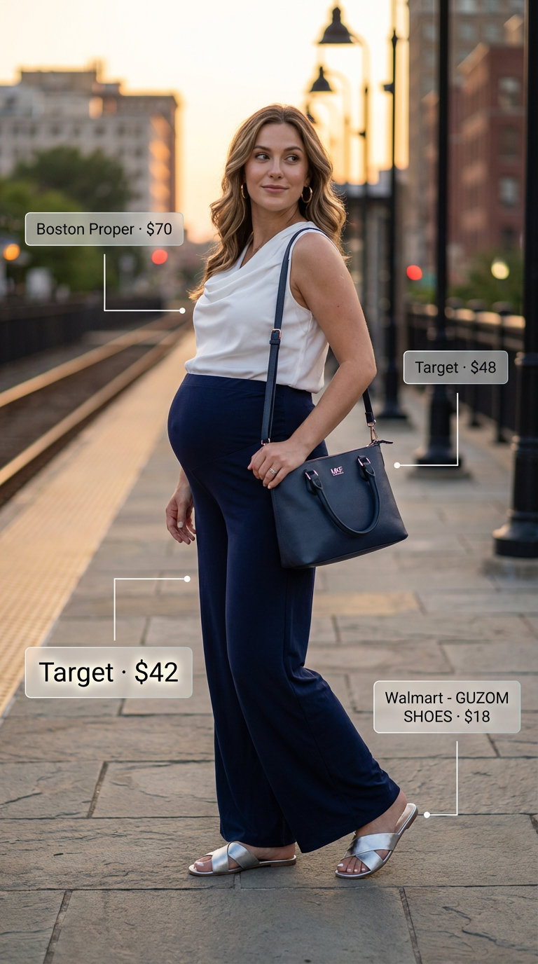 Polished Palazzo Perfection: Casual Maternity Summer Outfits 2026 A sophisticated casual maternity outfit with navy palazzo pants, an off-white cowl neck top, and silver slides for casual maternity summer outfits 2026.