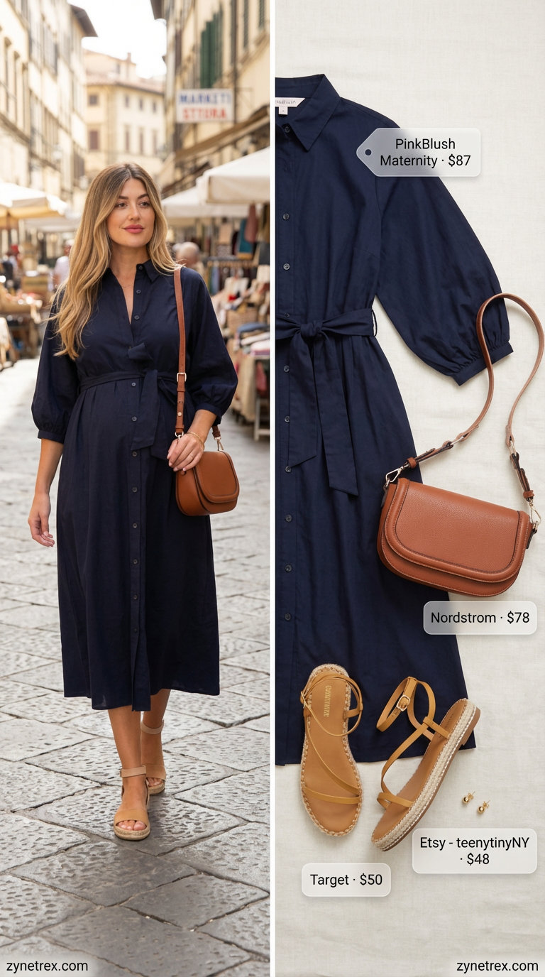 Shirtdress Simplicity: Casual Maternity Summer Outfits 2026 A polished navy blue maternity button-down shirtdress with a tie-waiist, brown espadrille sandals, and a structured crossbody for casual maternity summer outfits 2026.