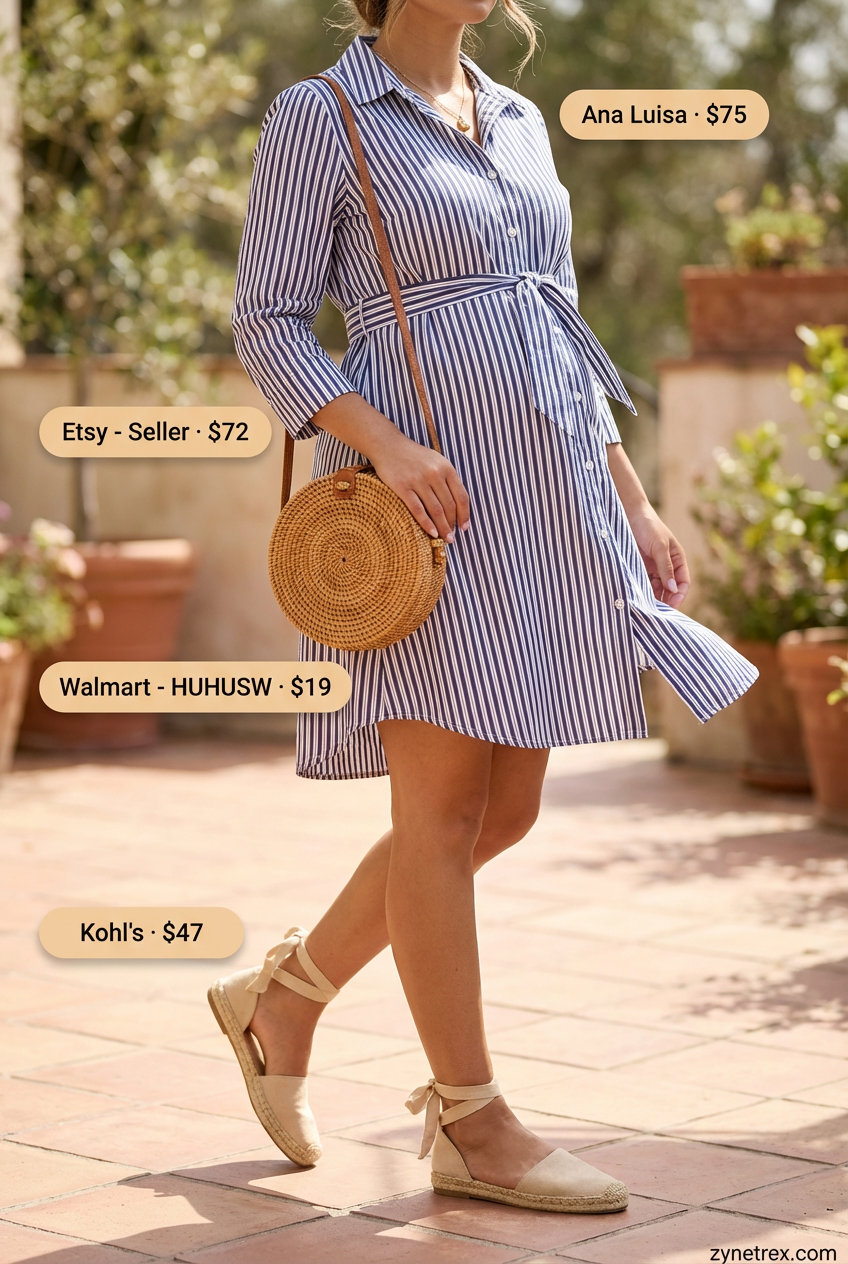 Chic Shirtdress Style: Casual Maternity Summer Outfits 2026 A chic navy and white striped maternity button-down shirtdress, natural espadrille sandals, a round straw bag, and a gold pendant necklace for casual maternity summer outfits in 2026.