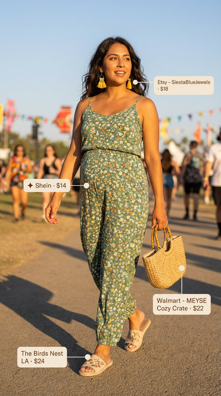 Tropical Paradise Romper: Casual Maternity Outfits 2026 A vibrant green tropical print maternity romper with yellow and pink accents, espadrille sandals, and a straw bag for casual maternity summer outfits 2026.