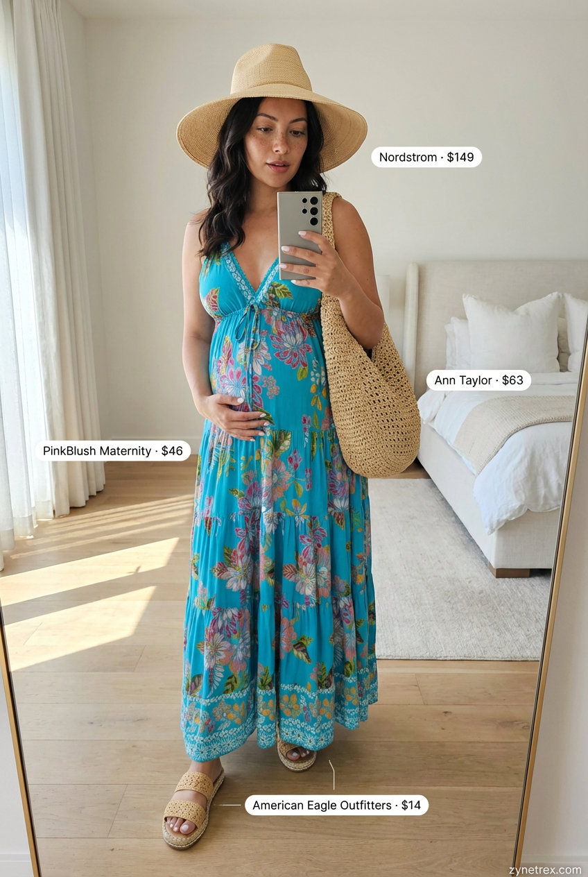 A vibrant turquoise maternity flowy caftan maxi dress, natural espadrille slides, a large raffia tote bag, and a wide-brim straw hat for casual maternity summer outfits in 2026.