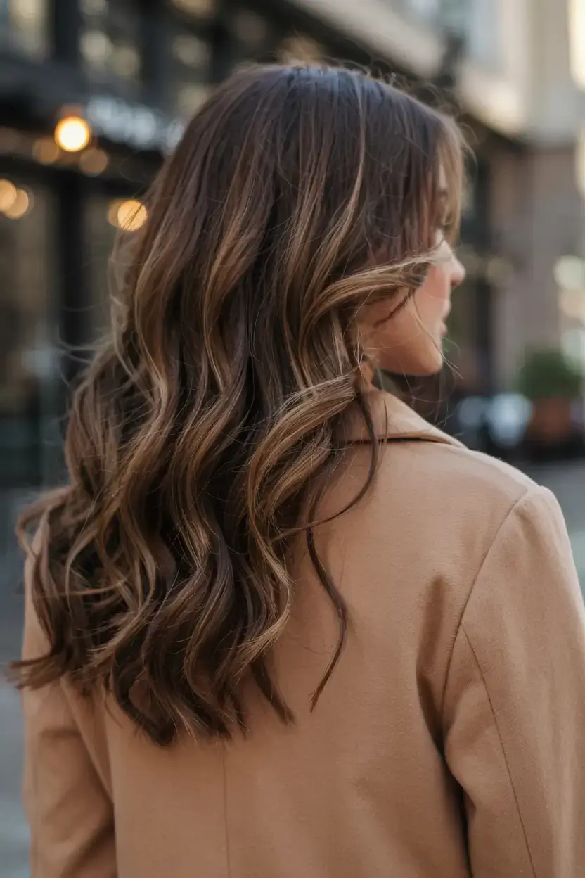 chic spring ash brown hair color 2026 Urban Ash Brown Waves with Caramel Undertones