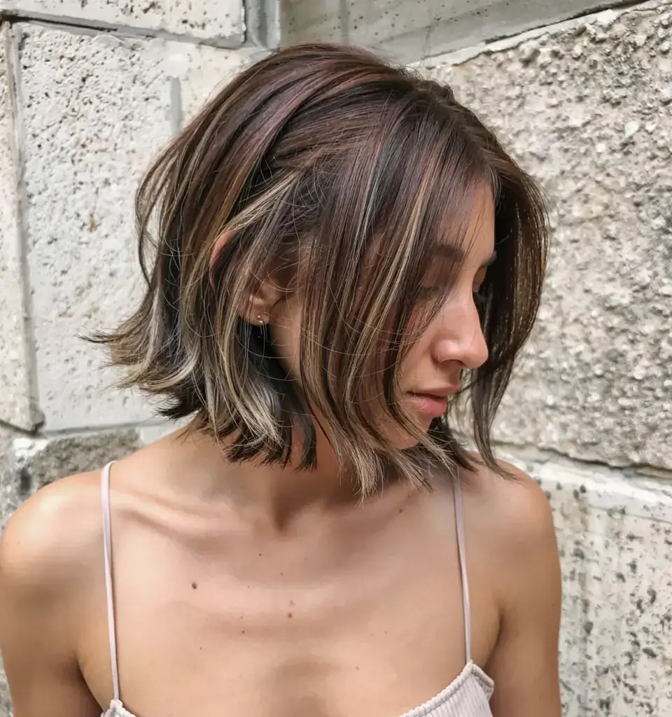 chic spring ash brown hair color 2026 Textured Ash Brown Bob with Subtle Blonde Flicks