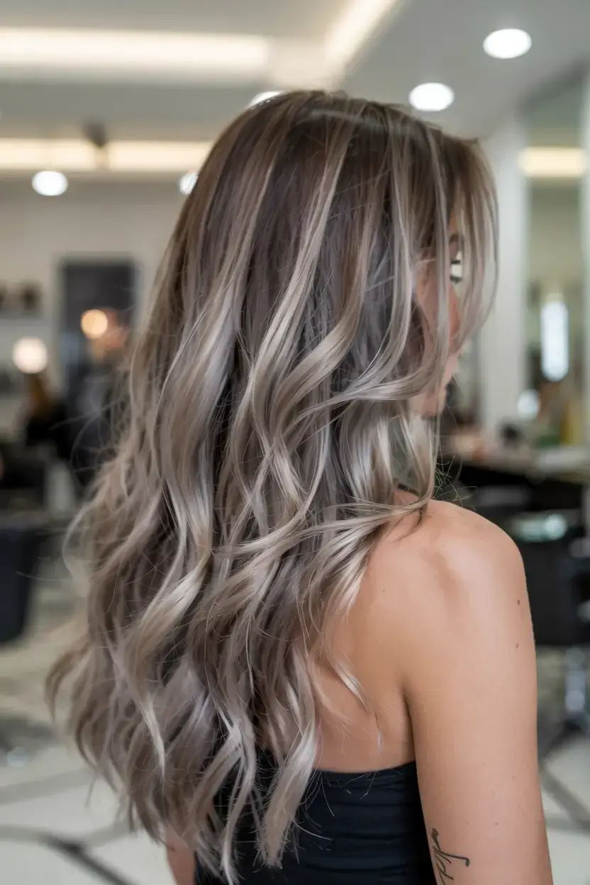 chic spring ash brown hair color 2026 Smoky Ash Balayage with Flowing Beach Waves