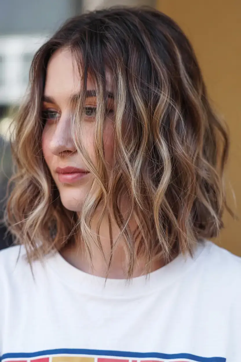 chic spring ash brown hair color 2026 Textured Ash Brown Lob with Sun-Kissed Highlights