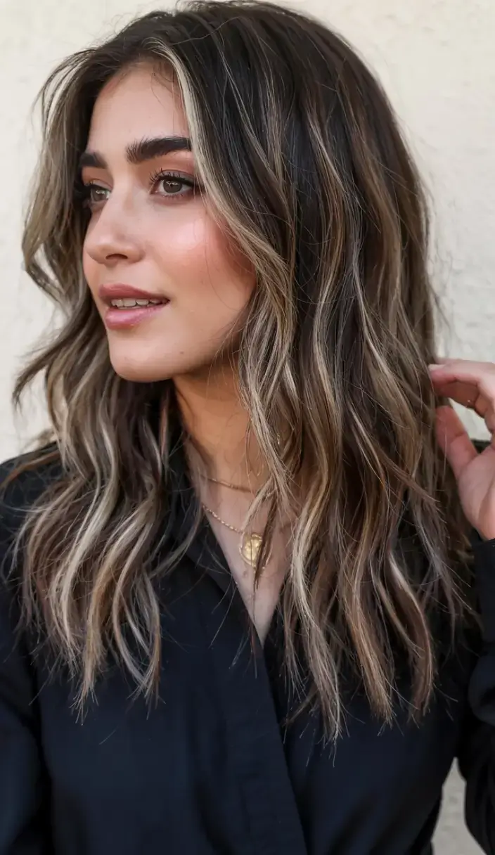 chic spring ash brown hair color 2026 Cool Ash Brunette with Subtle Blonde Ribbons
