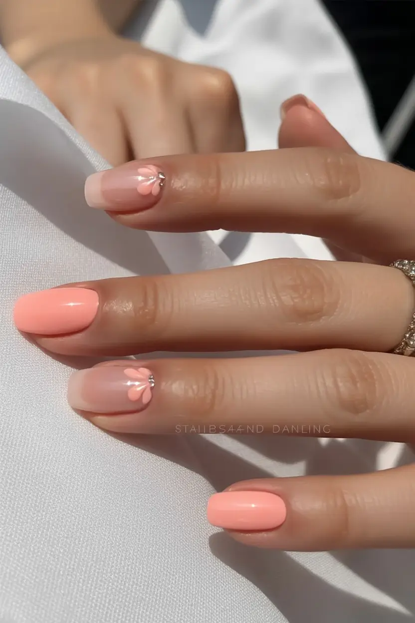 cozy short spring nails 2026 Peach Blossom Accent Nails with Soft Rhinestones