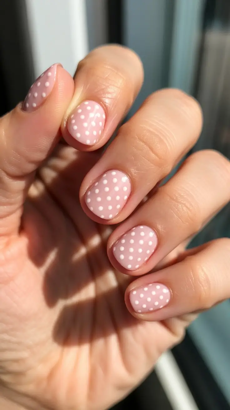 cozy short spring nails 2026 Classic Blush Polka Dot Nails with Playful Retro Energy
