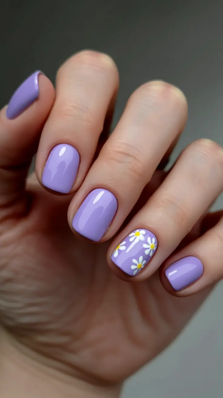 cozy short spring nails 2026 Lavender Daisy Nails for a Soft Spring Mood