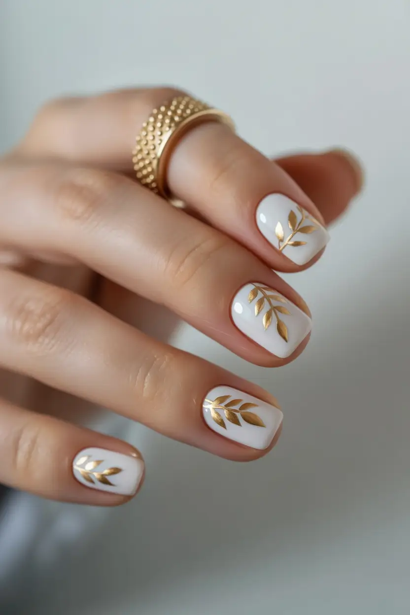 cozy short spring nails 2026 White and Gold Botanical Nails with Modern Elegance