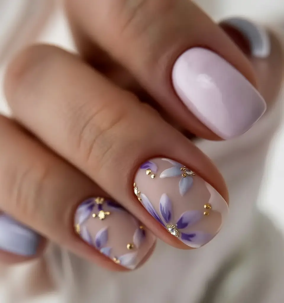 cozy short spring nails 2026 Lavender Floral Art with Subtle Golden Sparkle