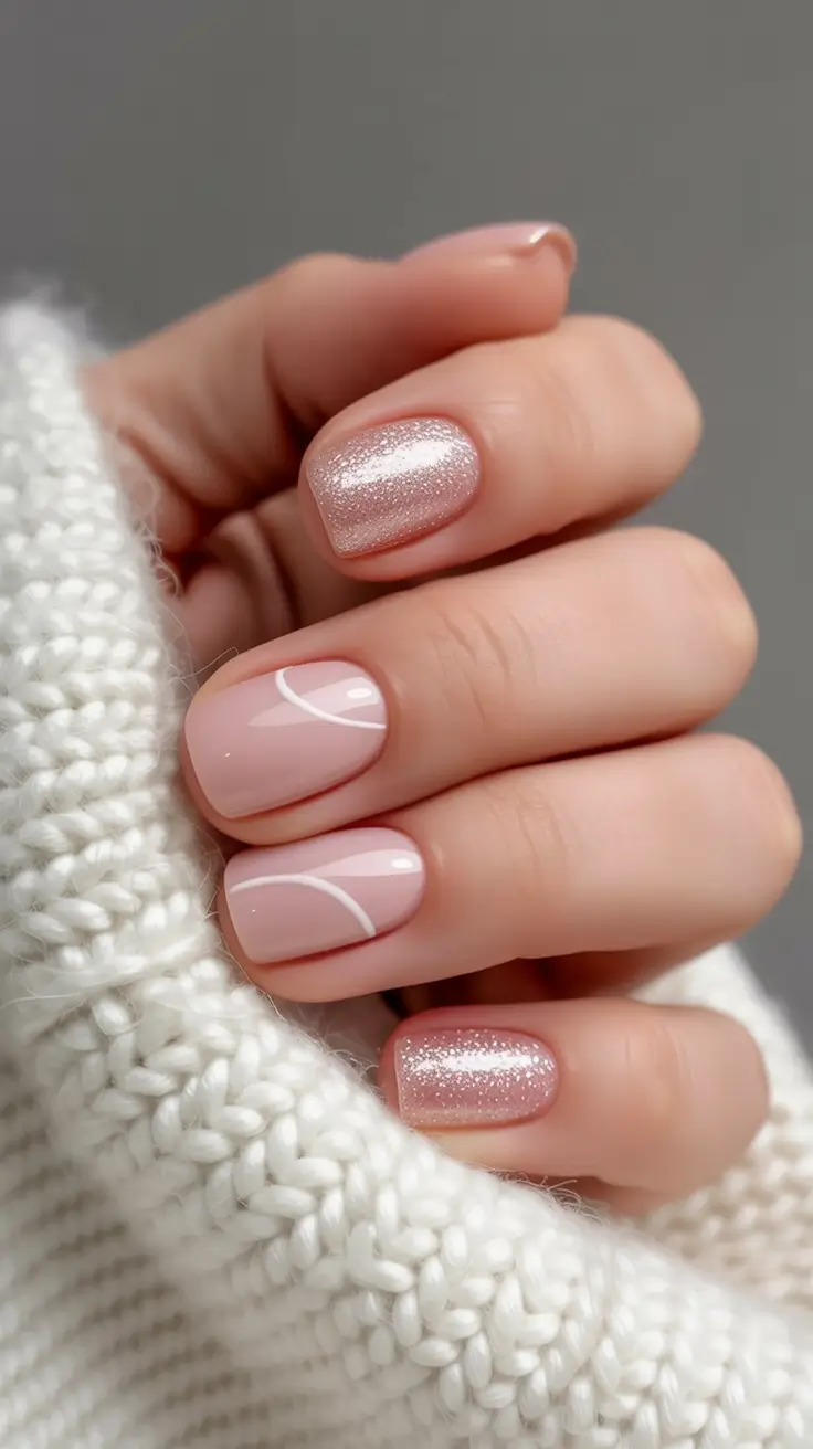 cozy short spring nails 2026 Blush Pink Nails with Delicate Curved Line Art