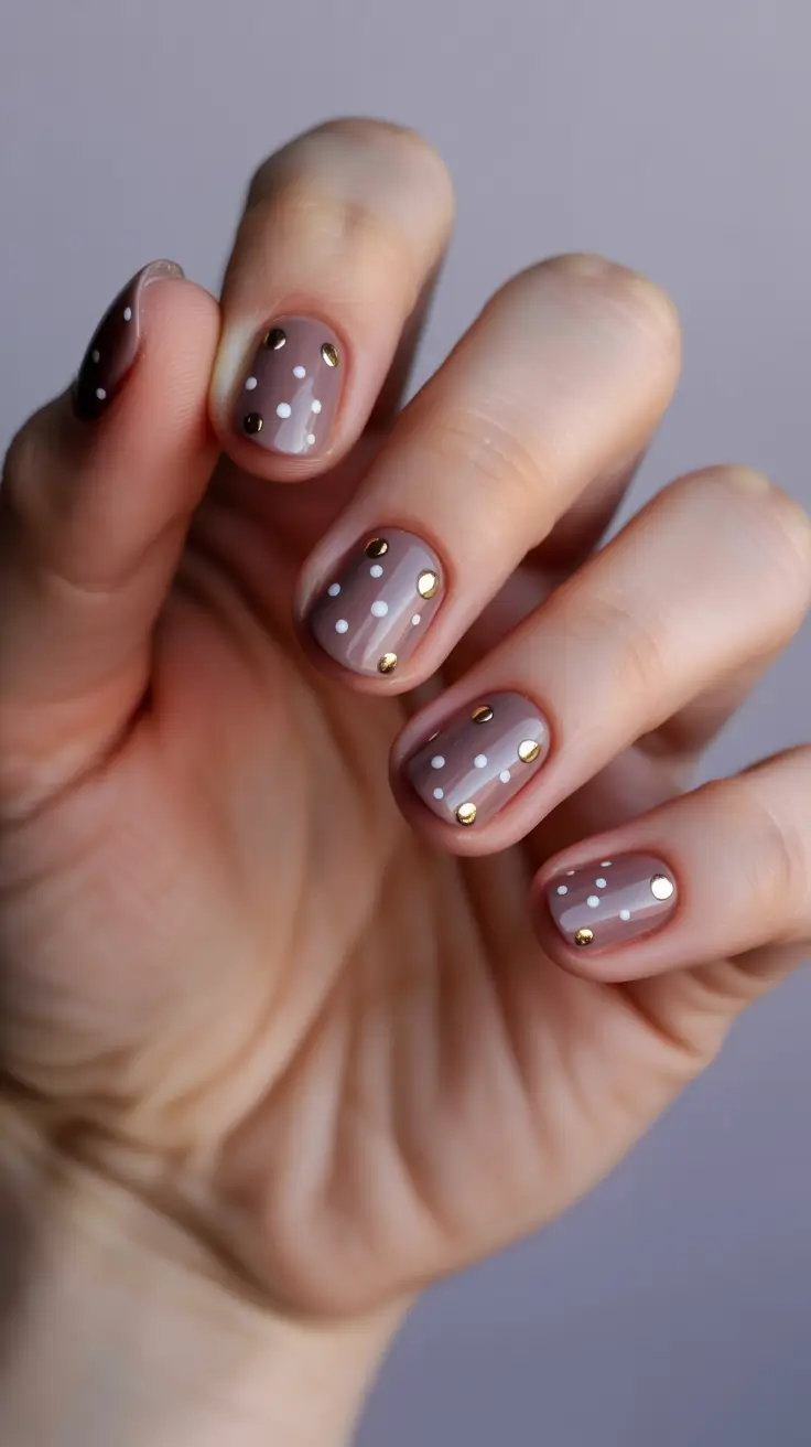 cozy short spring nails 2026 Dusty Taupe Nails with Gold Stud and Dot Details