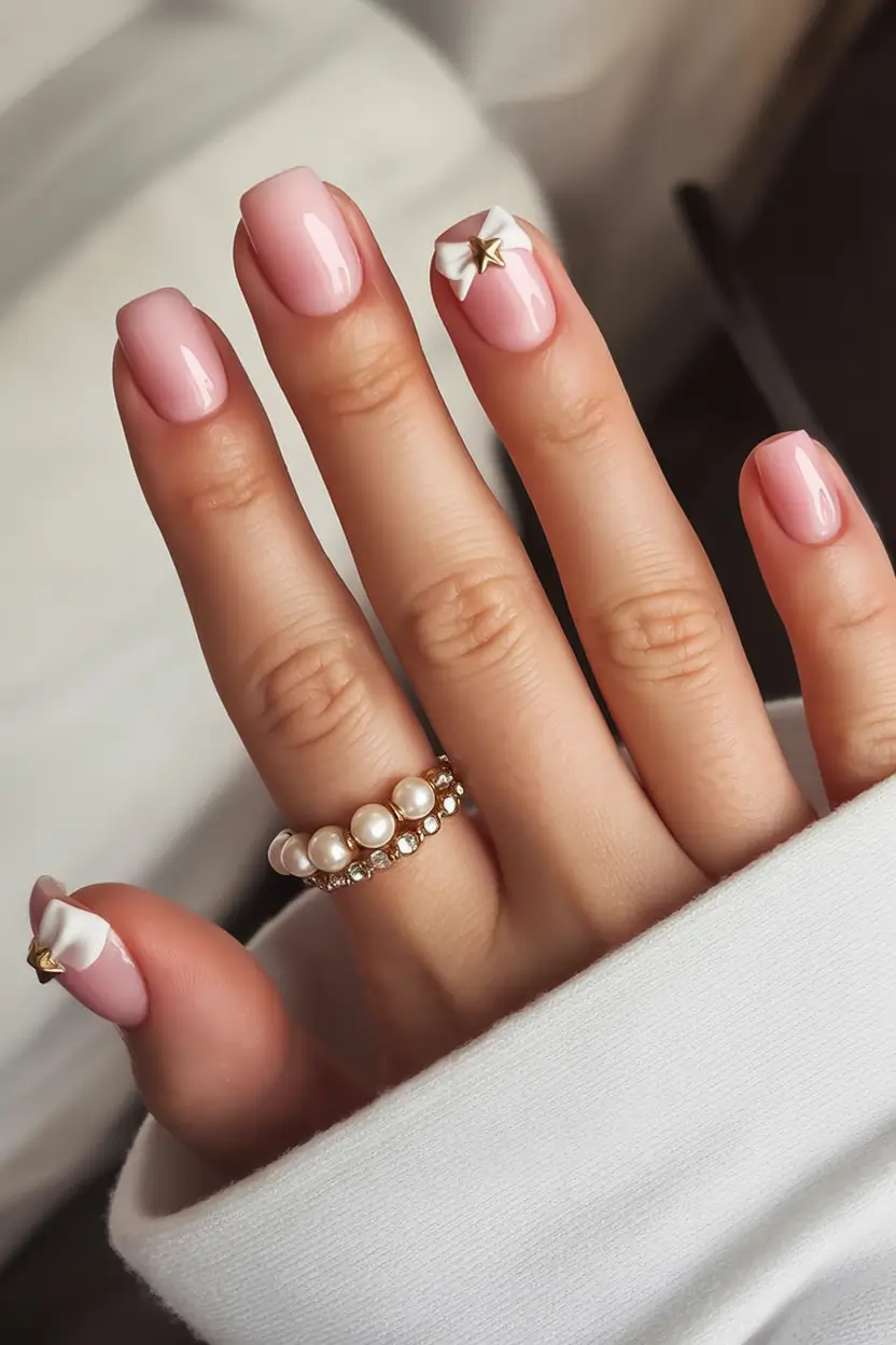 cozy short spring nails 2026 Soft Blush Nails with a Tiny Bow and Gold Star Accent