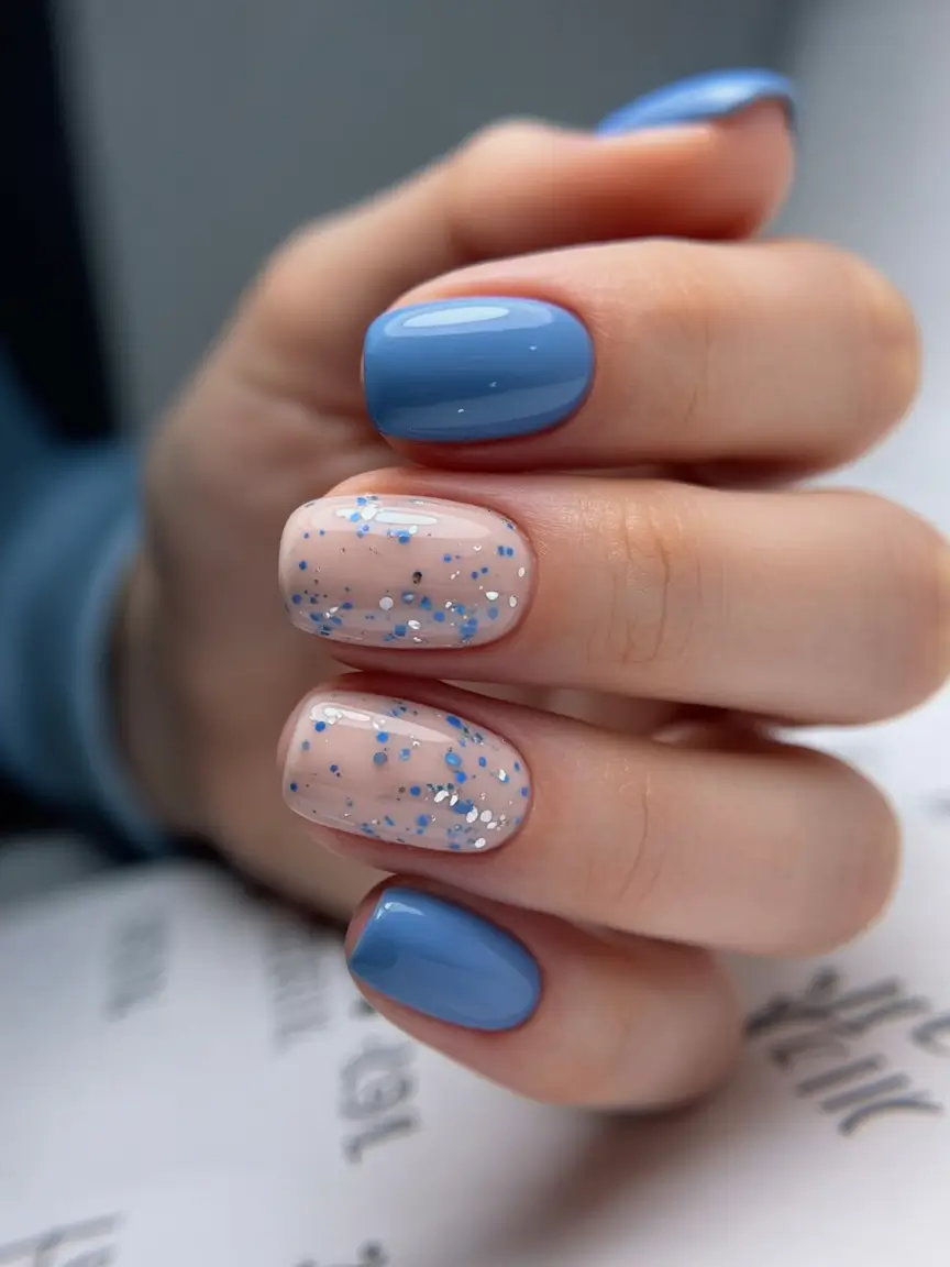 cozy short spring nails 2026 Dusty Blue Nails with Confetti Sparkle Accents