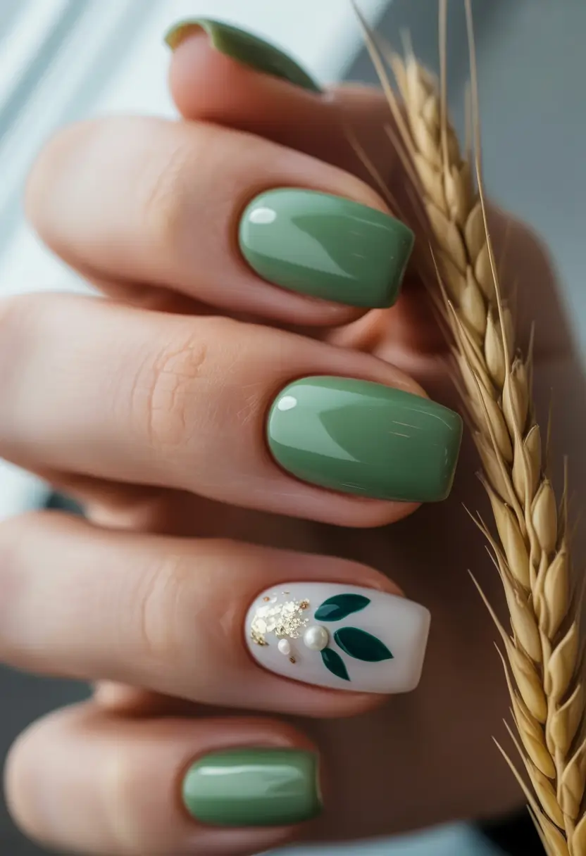 cozy short spring nails 2026 Olive Green Nails with Botanical Accent Art