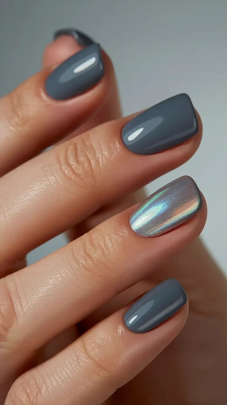 cozy short spring nails 2026 Slate Gray Nails with Iridescent Chrome Accent