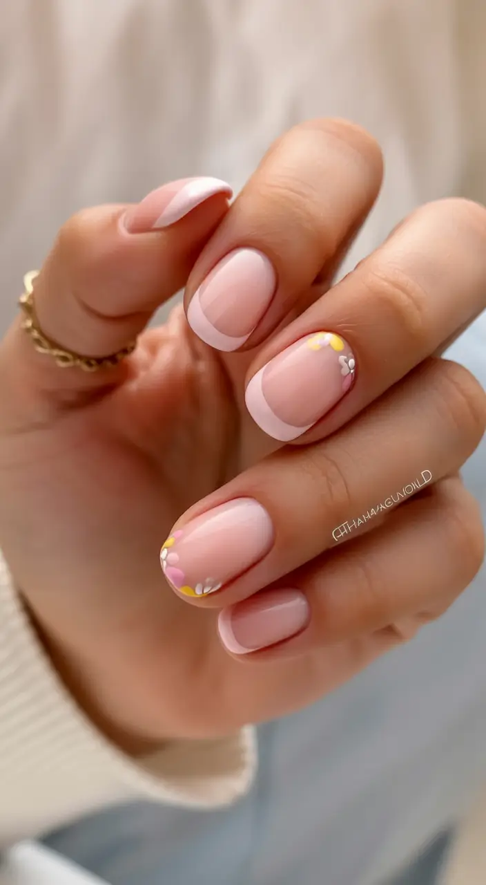cozy short spring nails 2026 Soft Pink Micro French with Tiny Daisy Accents
