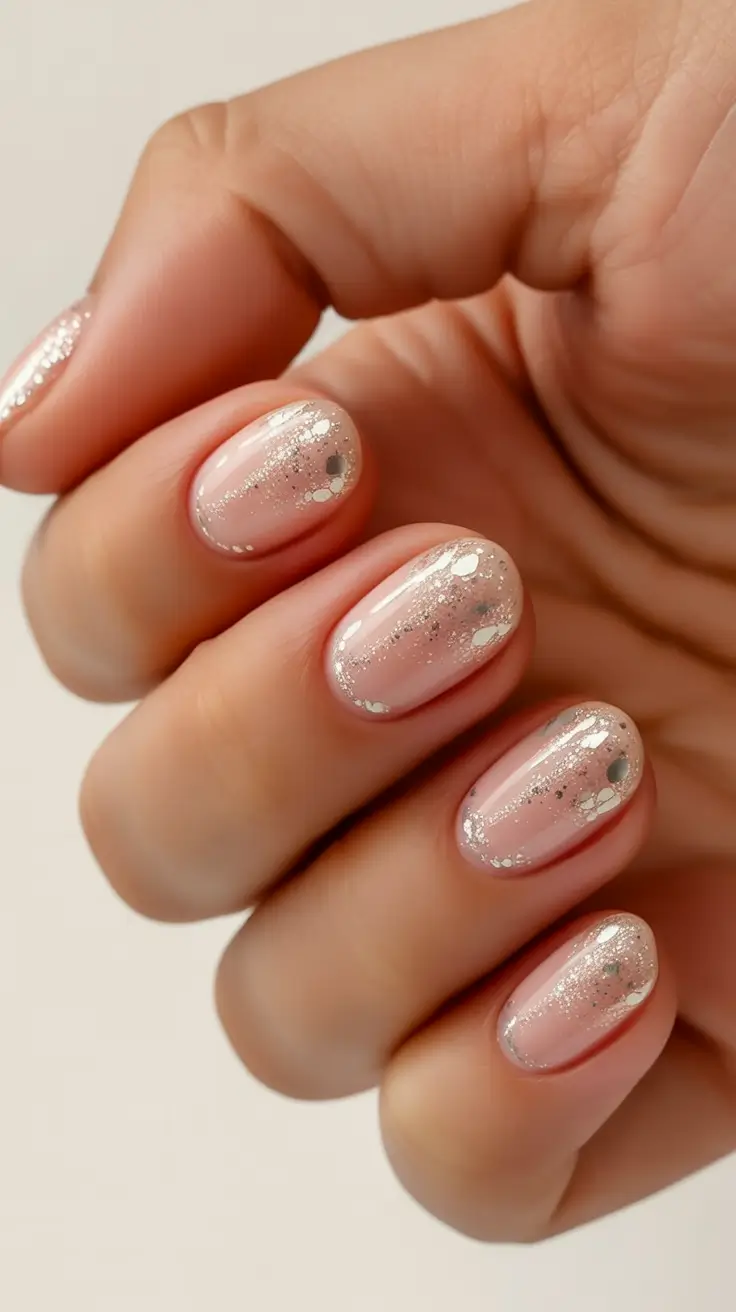 cozy short spring nails 2026 Sheer Blush Nails with Silver Glitter Dust