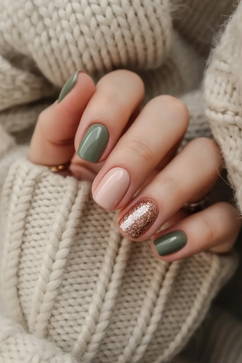 cozy short spring nails 2026 Olive Green and Rose Gold Accent Nails