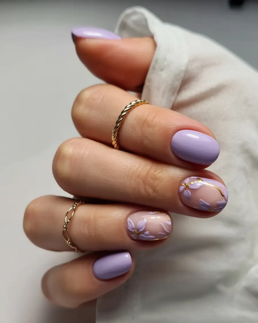 cozy short spring nails 2026 Lavender Petal Nails with Golden Spring Accents