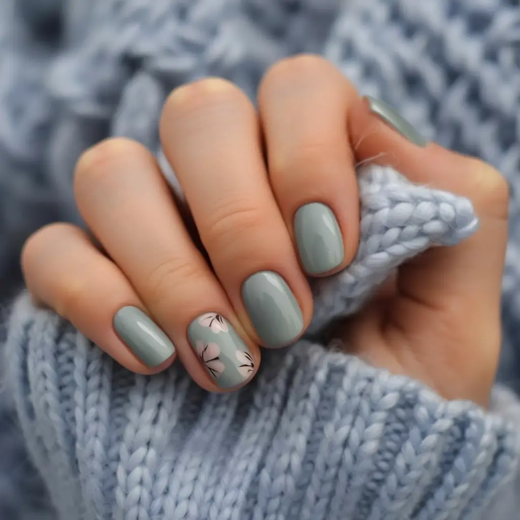 cozy short spring nails 2026 Sage Green Nails with Delicate Floral Accent