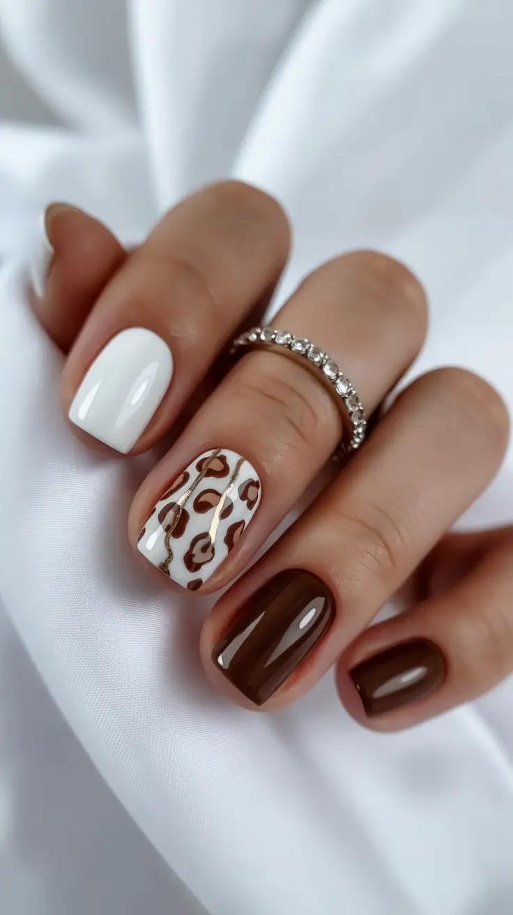 cozy short spring nails 2026 Chocolate and Leopard Accent for a Playful Neutral Look