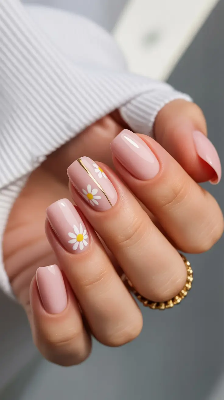 cozy short spring nails 2026 Blush Pink Daisies with a Minimal Gold Accent
