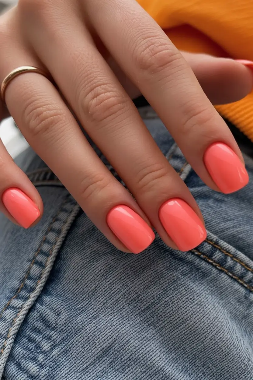 cozy short spring nails 2026 Bright Coral Pop for the First Warm Days