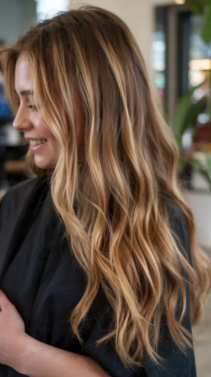 creative spring balayage hair color ideas 2026 Golden Glow Balayage on Long Flowing Waves