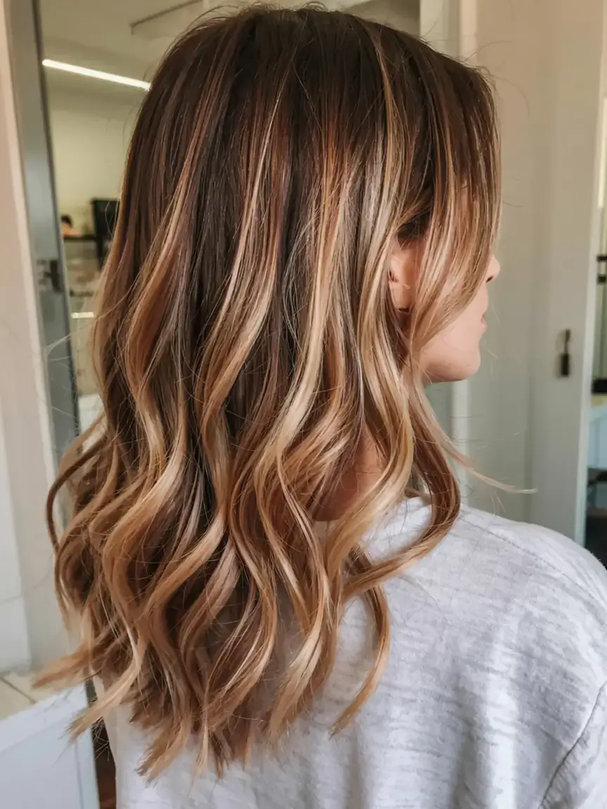 creative spring balayage hair color ideas 2026 Caramel Swirl Balayage on Shoulder-Length Waves