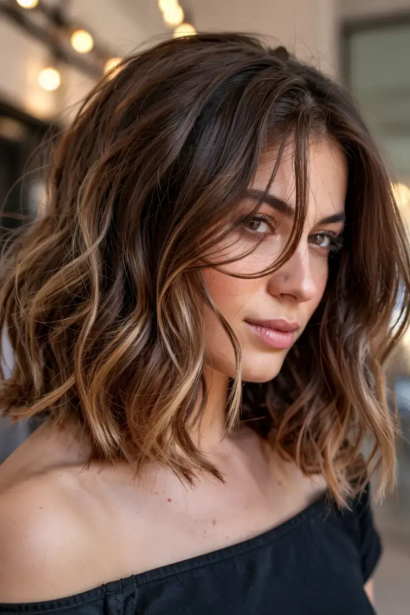 creative spring balayage hair color ideas 2026 Warm Brunette Balayage Lob with Golden Highlights