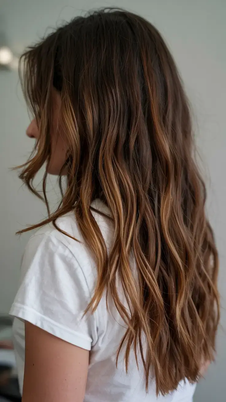 creative spring balayage hair color ideas 2026 Warm Brunette Balayage with Sunlit Caramel Lengths