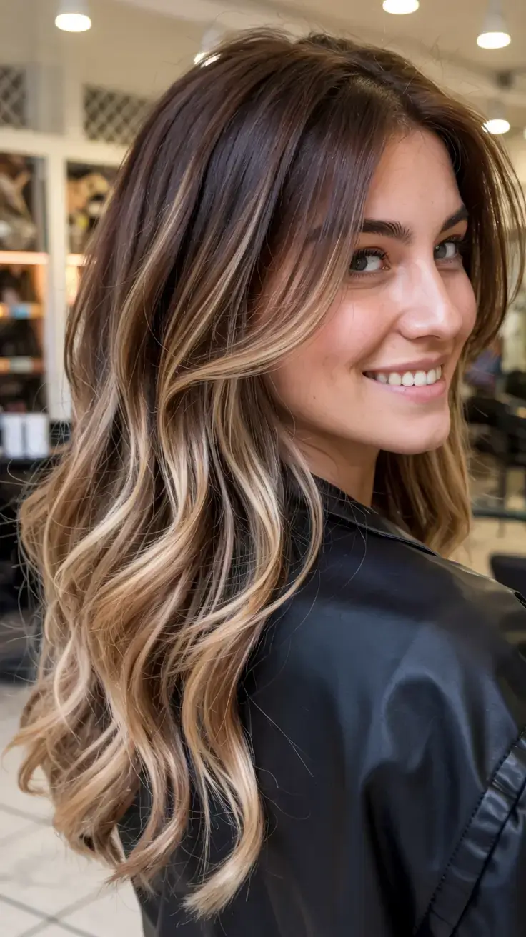 creative spring balayage hair color ideas 2026 Golden Beige Balayage with Luminous Long Waves