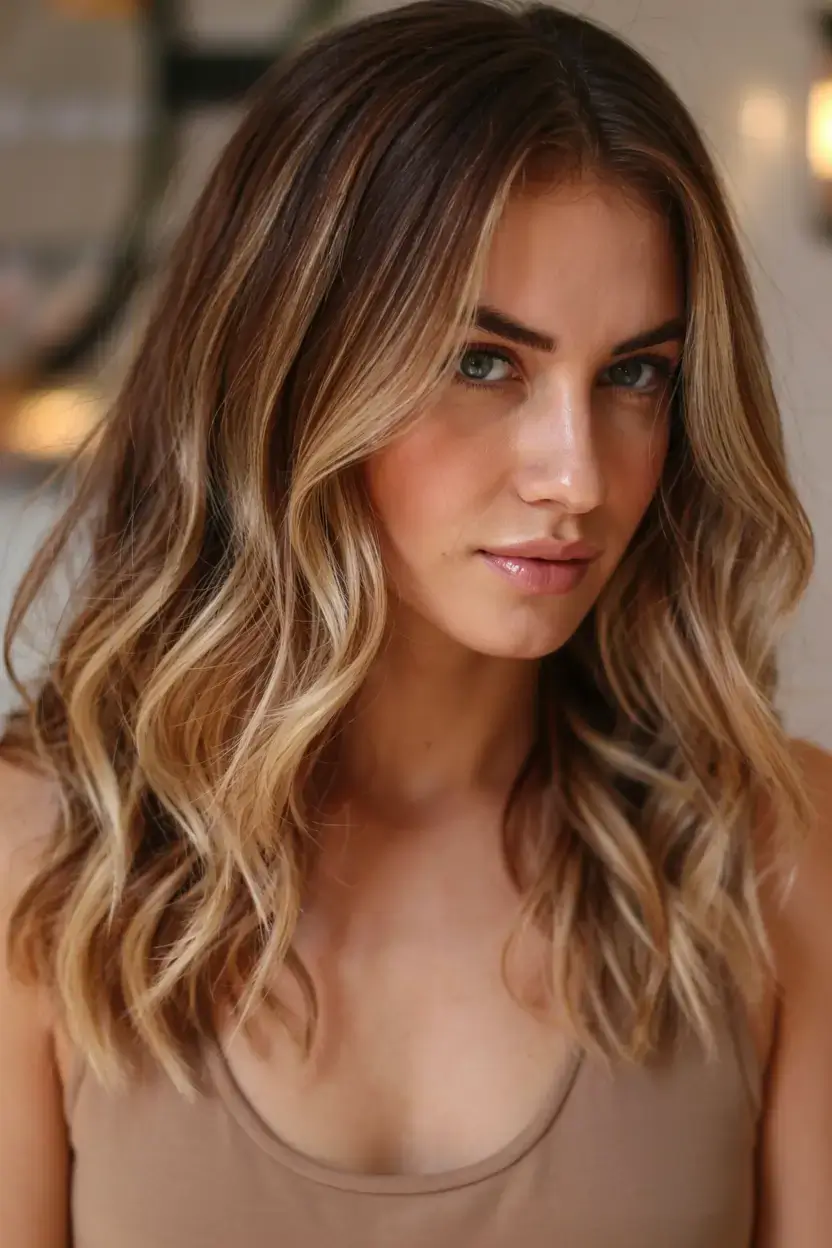creative spring balayage hair color ideas 2026 Caramel Melt Balayage on Textured Shoulder-Length Hair