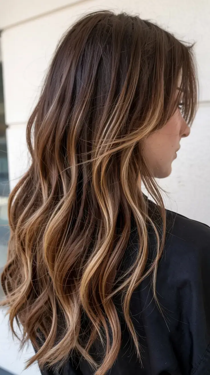 creative spring balayage hair color ideas 2026 Golden Ribbon Balayage on Layered Chocolate Waves