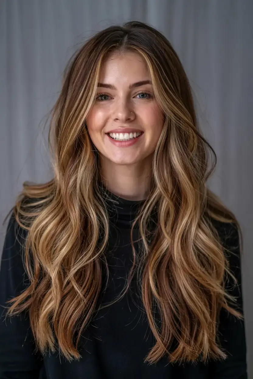 creative spring balayage hair color ideas 2026 Soft Sunbeam Balayage with Long Spring Layers