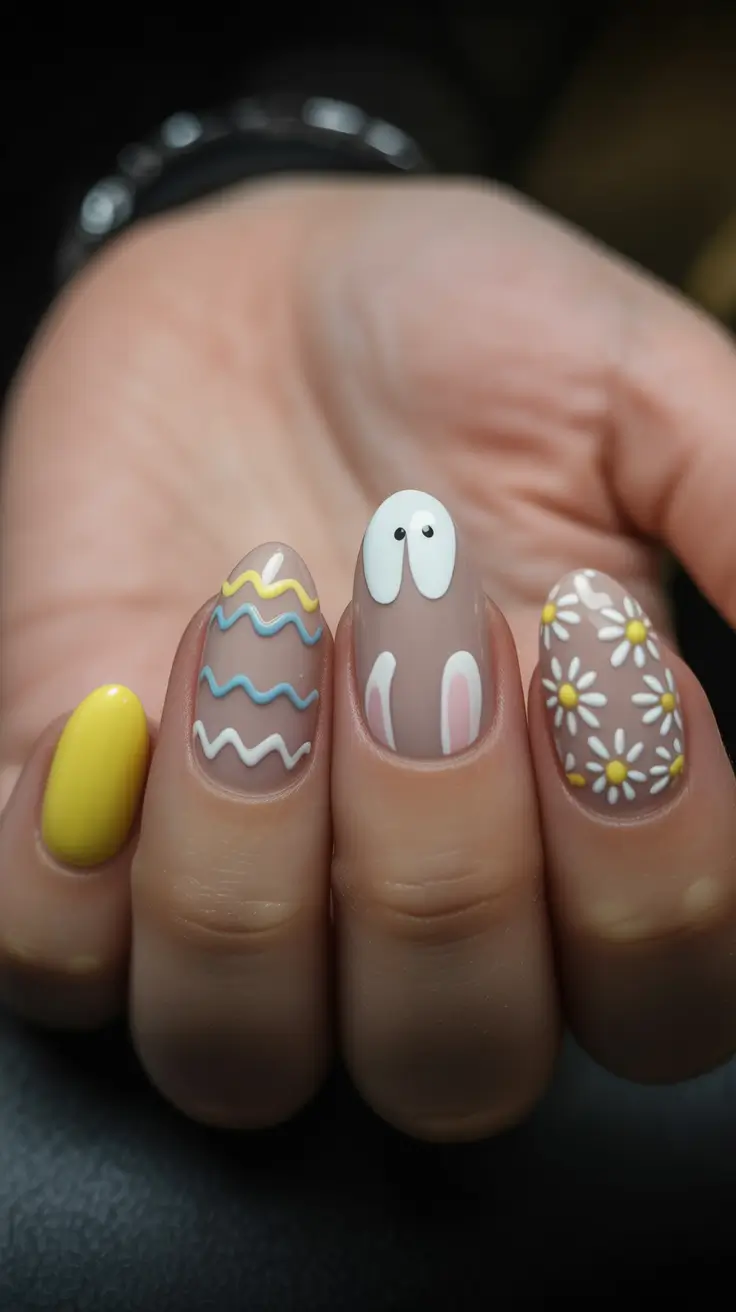 cute easter nail art ideas 2026 Playful Bunny and Daisy Nails with Easter Egg Details