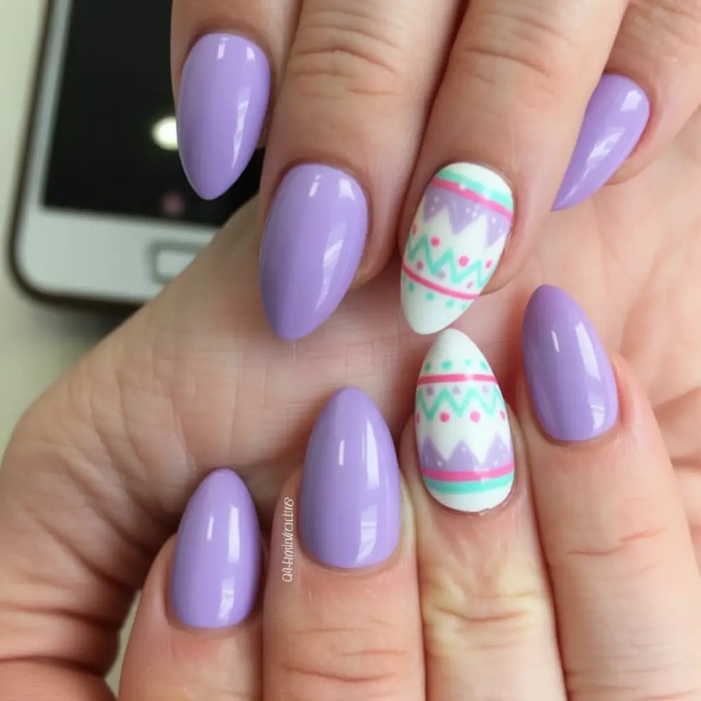 cute easter nail art ideas 2026 Lavender Easter Egg Accent Nails with Playful Spring Patterns