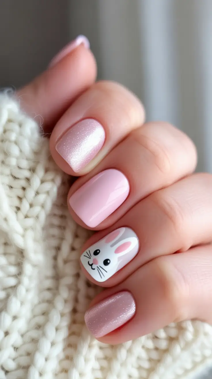 cute easter nail art ideas 2026 Soft Pink Bunny Accent Nails for a Cozy Easter Look