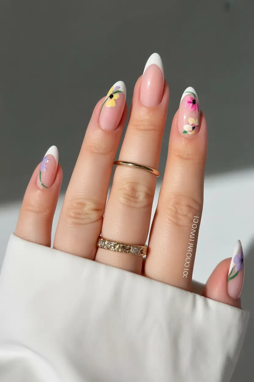 cute easter nail art ideas 2026 Elegant Spring Floral French Tips with Delicate Blossoms