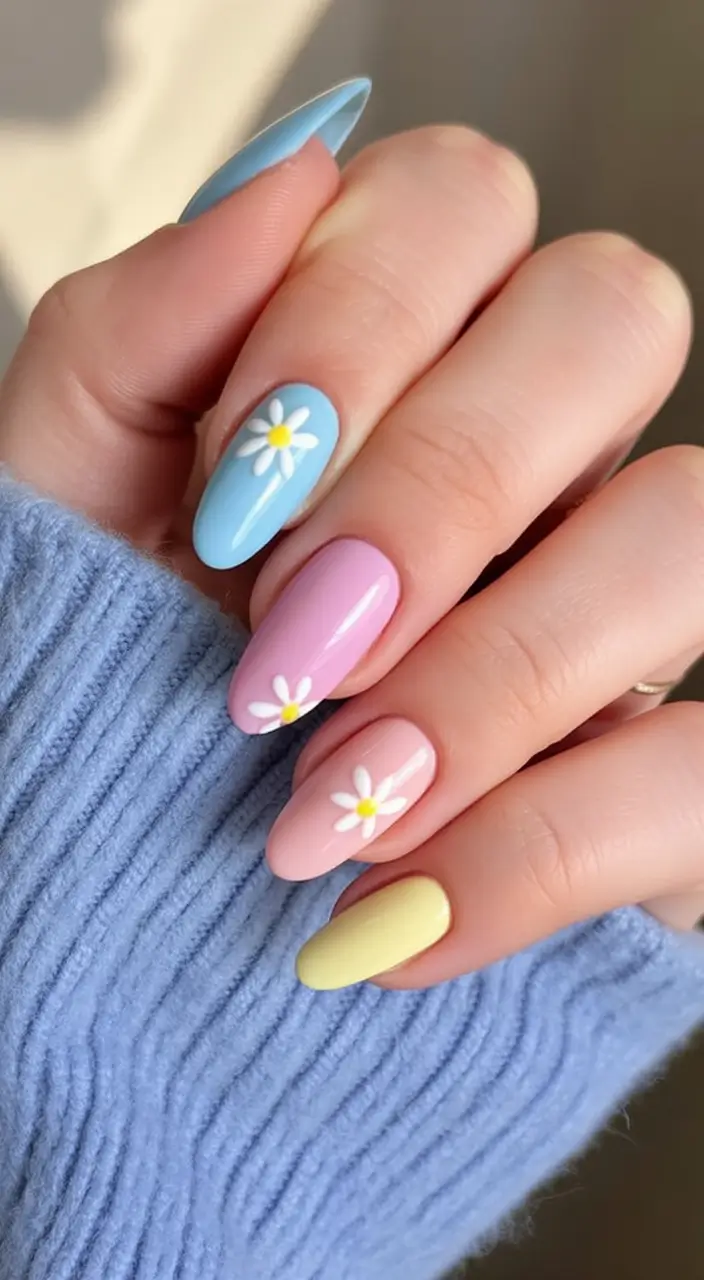 cute easter nail art ideas 2026 Cheerful Pastel Daisy Nails for a Bright Spring Mood