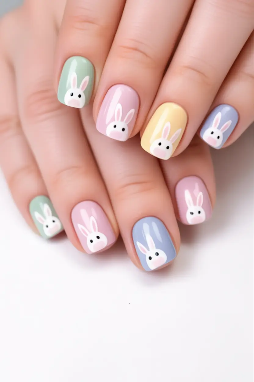 cute easter nail art ideas 2026 Colorful Pastel Bunny Nails for the Ultimate Easter Manicure