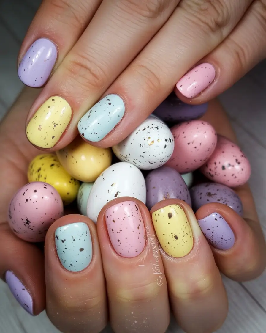 cute easter nail art ideas 2026 Speckled Easter Egg Nails Inspired by Chocolate Candies